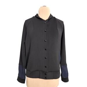 Garbe Luxe Jacket Womens Large Mixed Media Black Blue Snap Front Pockets Stretch